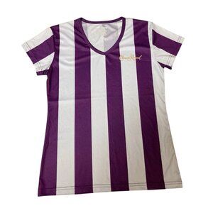 Crown Royal Whiskey Women’s Large S/S Purple White Striped V-Neck Pullover Top